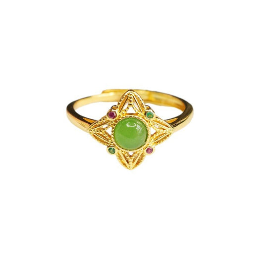 Jade Jasper and Zircon Sterling Silver Star Ring with Hollow Design