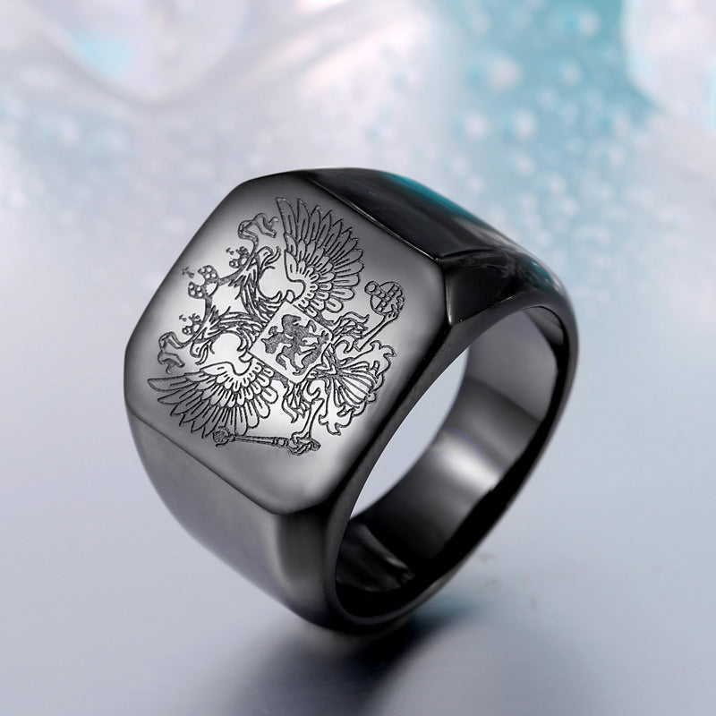 Titanium Steel Masonic Double-Headed Eagle Retro Ring for Men - European and American Design, Wholesale Available