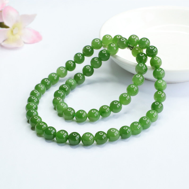 Natural Hotan Jade Necklace Jasper Apple Green Bead String Jewelry