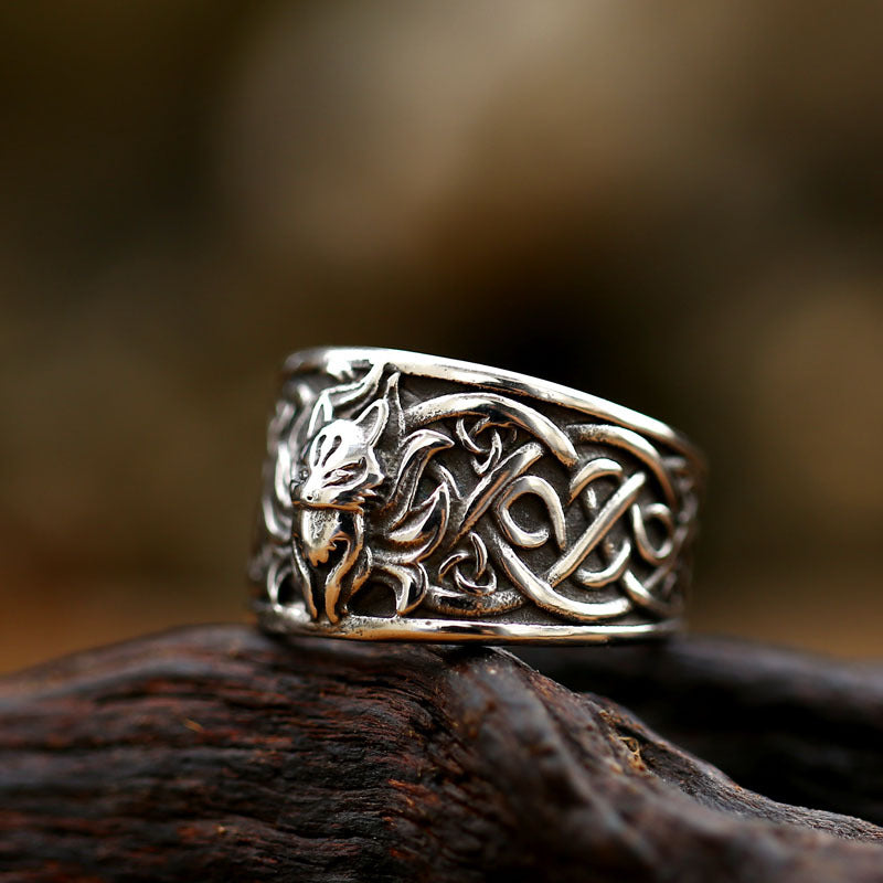 Celtic Knot Design Titanium Steel Ring for Men - Vintage Viking Fox Handcrafted Jewelry