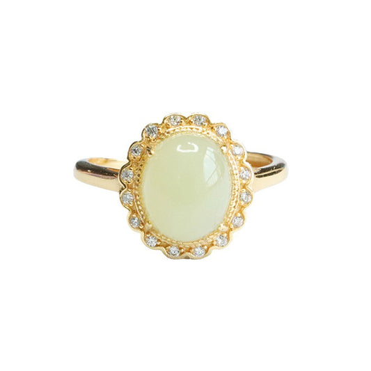 S925 Silver Hetian Jade and Zircon Petal Adjustable Ring