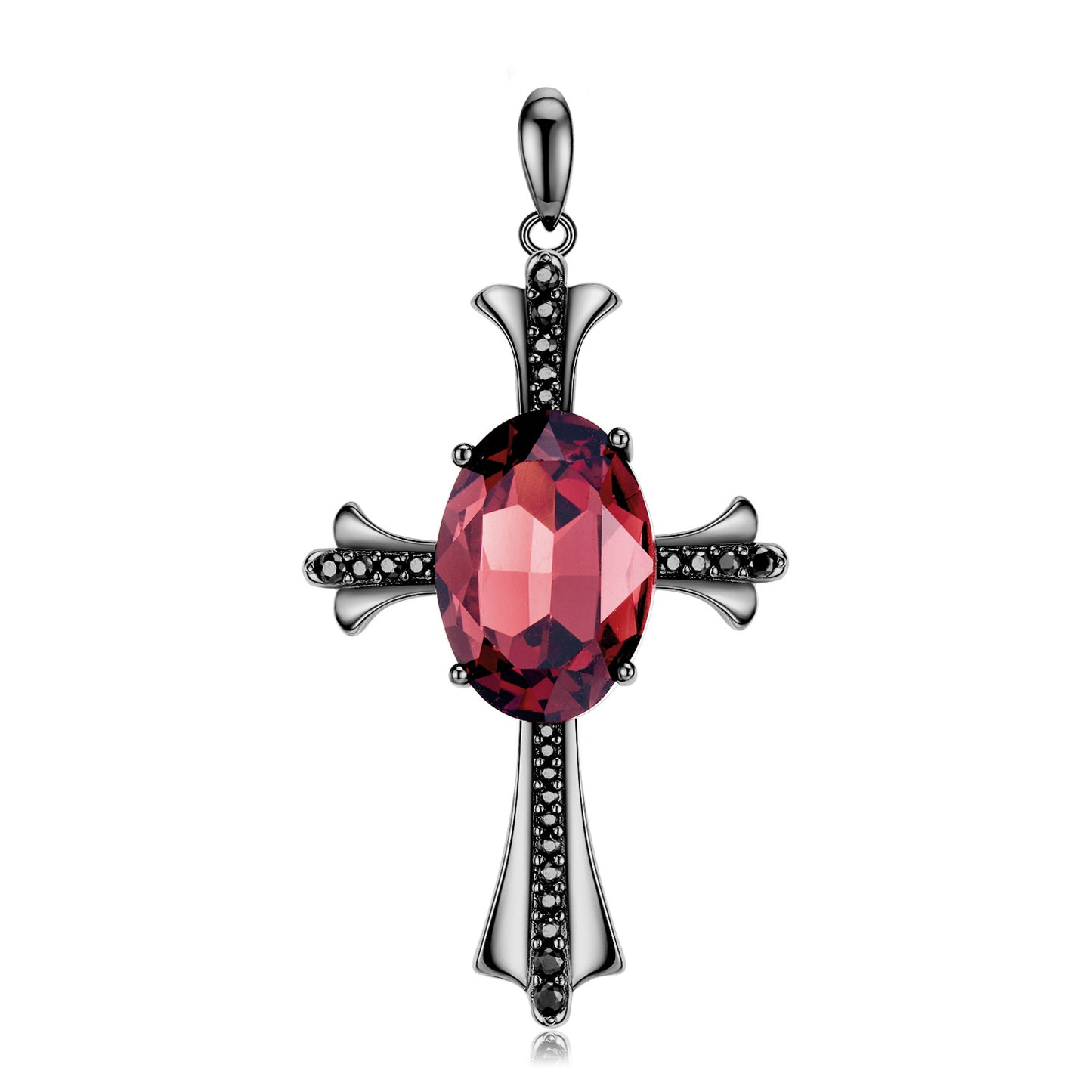 Black Cross Oval Red Zircon Silver Pendant