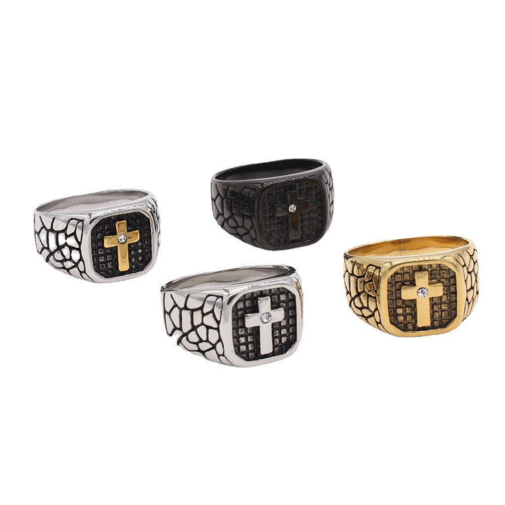 Latin Cross Cracked Titanium Steel Ring for Men