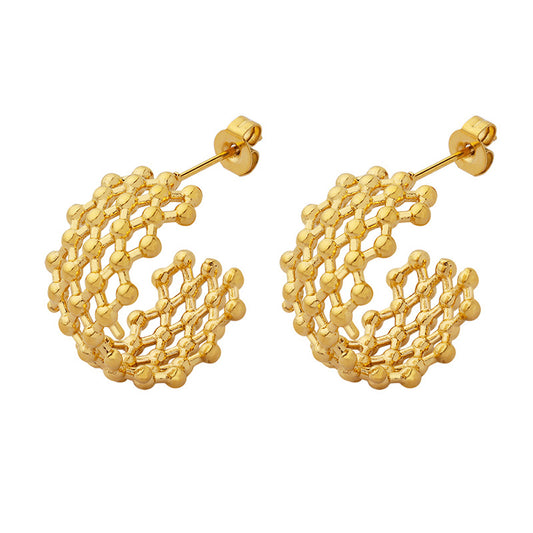 Elegant C-Shaped Gold Plated Grid Earrings with Small Titanium Beads