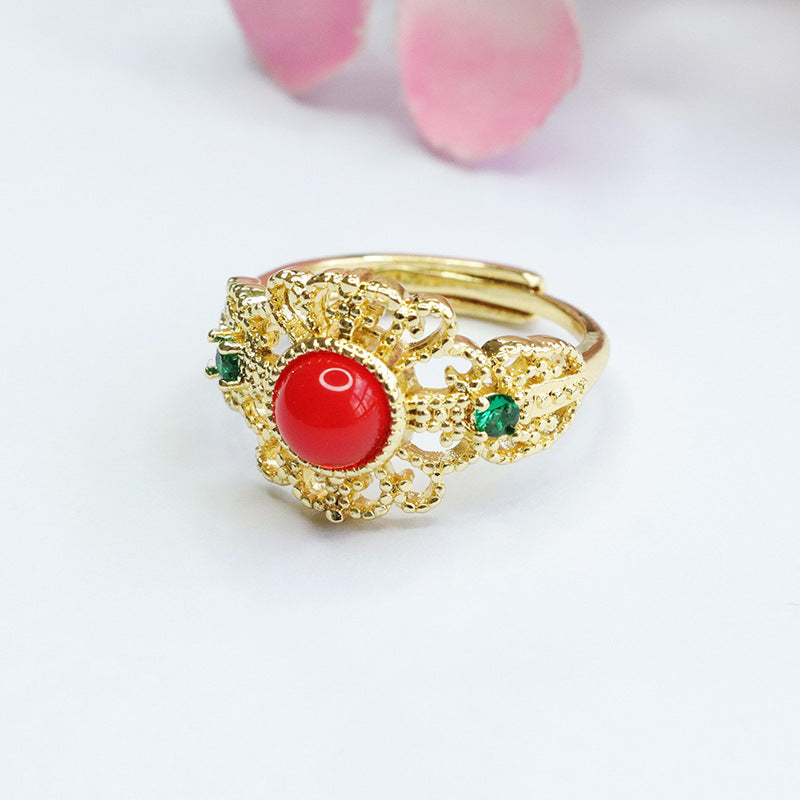 Regal Red Agate and Green Chalcedony Crown Ring in Sterling Silver