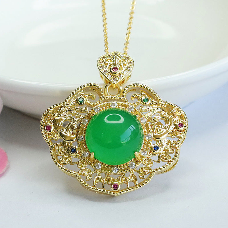 Natural Round Green Chalcedony Hollow Zircon Ruyi Pendant