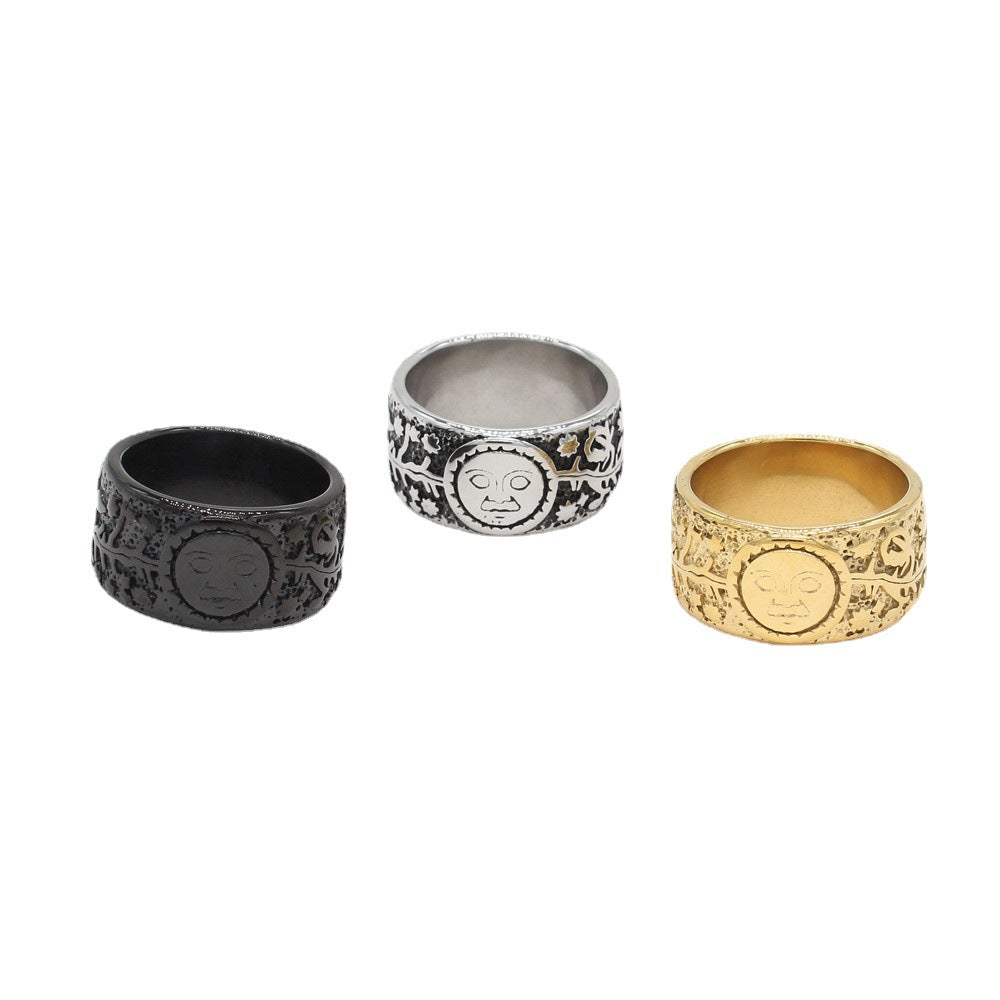 Retro European and American Punk Sun Moon Men's Titanium Steel Ring