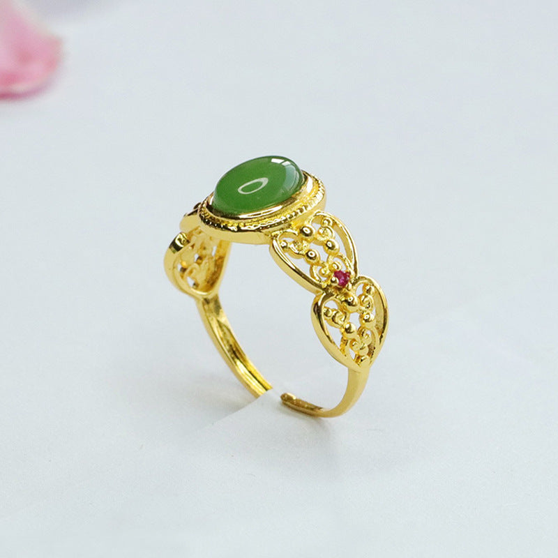 Exquisite Hetian Jade and Jasper Sterling Silver Hollow Ring