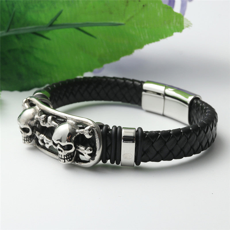 Titanium Steel Skull Scalp Bracelet - Personalized Punk Leather Accessory for Men