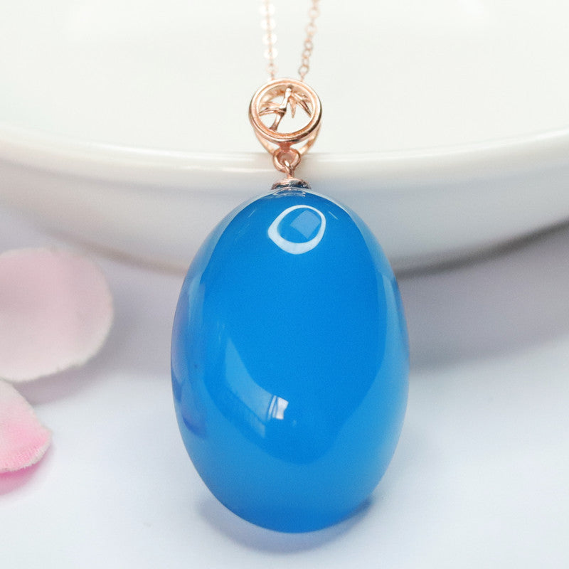 S925 Sterling Silver Blue Chalcedony Pigeon Egg Necklace with Rose Gold Accent