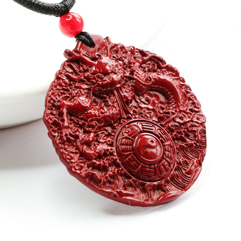 Dragon Bagua Sterling Silver Pendant with Cinnabar Stone - Prosperity and Protection Symbol