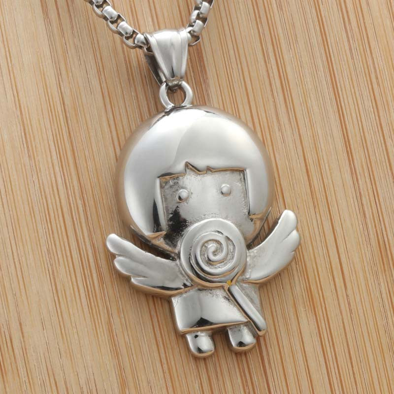 Trendy Punk Angel Pendant Necklace in Titanium Steel with Cartoon Lollipop Design for Women