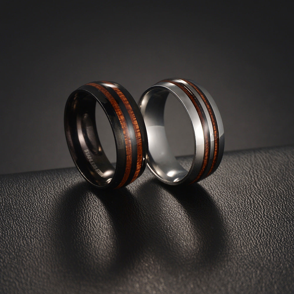 304 Stainless Steel Acacia Wood Inlaid Double Slot Ring for Men