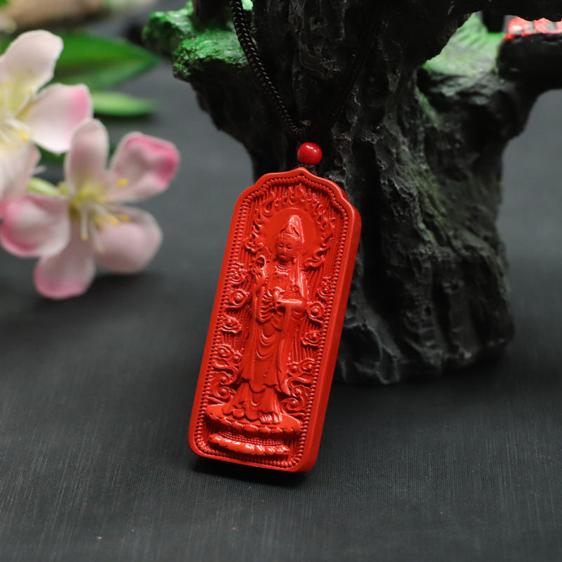 Red Sand Flame Standing Guanyin Pendant with Cinnabar Stone