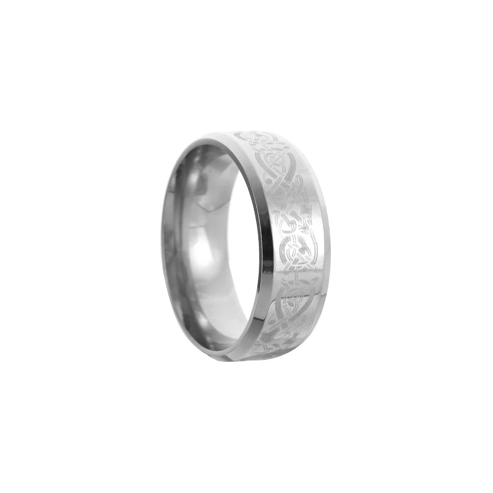 Stainless Steel Dragon Pattern Men's Ring with Laser Markings - Cross-border European and American Jewelry Collection