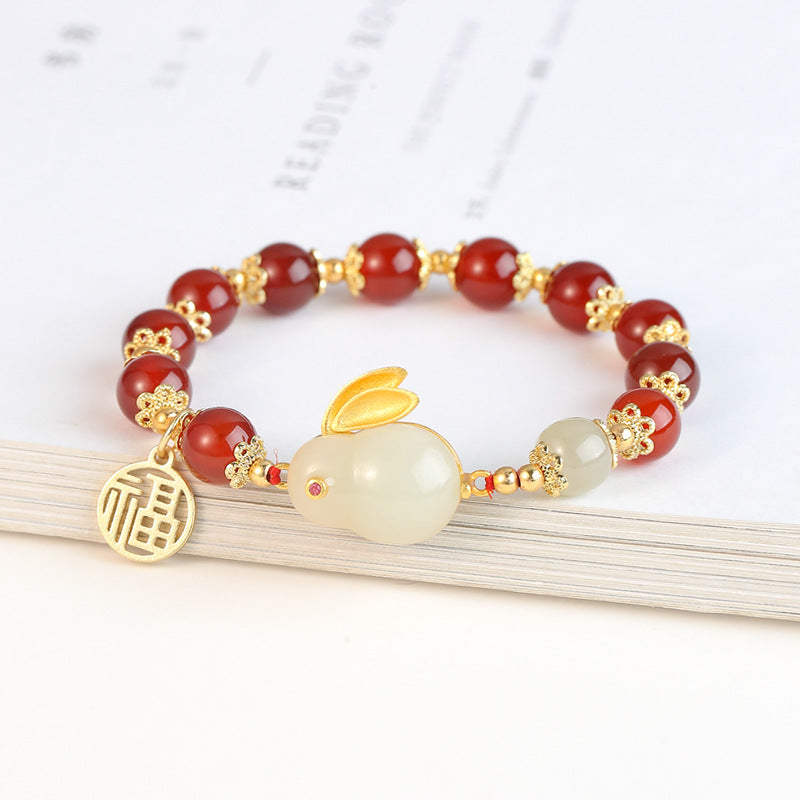 Natural Red Agate and Hetian Jade Sterling Silver Bracelet with Jade Rabbit