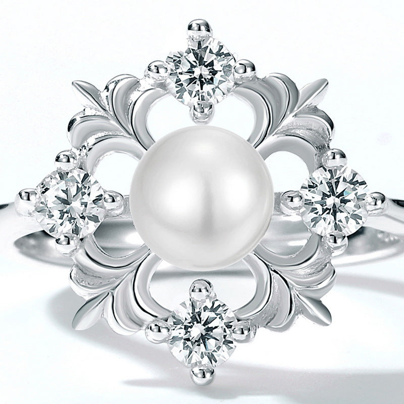 Christmas Pearl Zircon Snowflake Opening Sterling Silver Ring