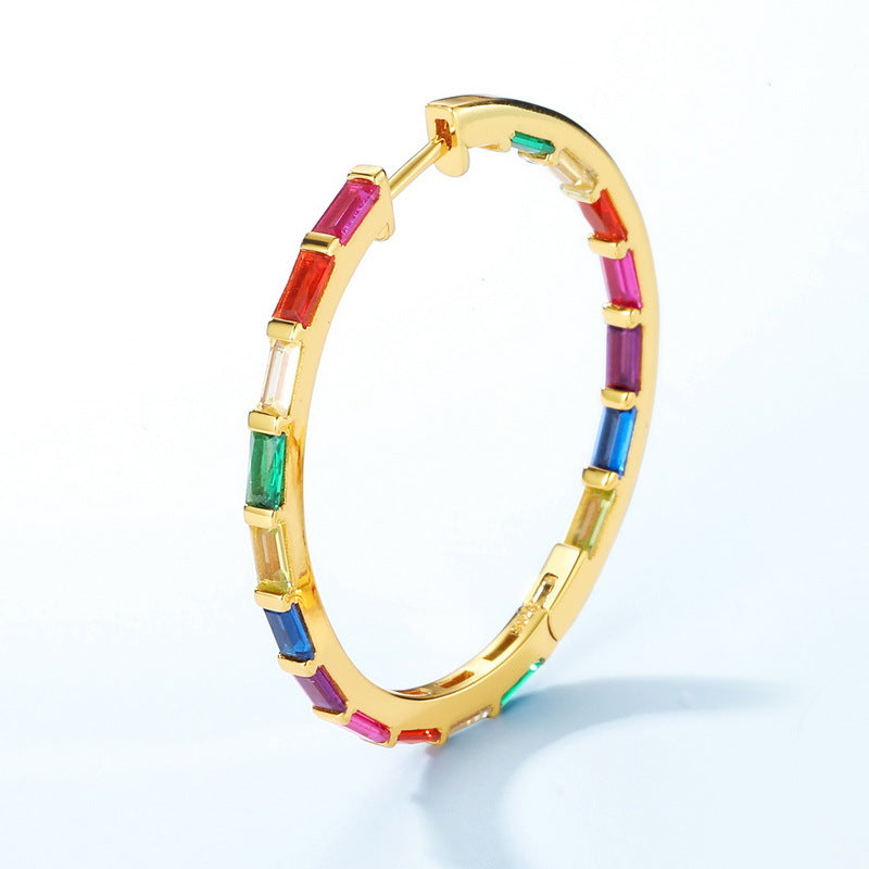 Rectangle Rainbow Zircon Silver Hoop Earrings