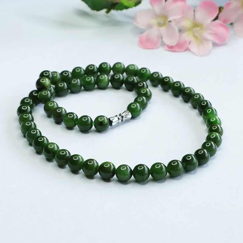 Natural Hetian Jade Necklace Jasper Beads Chain Russian Spinach Green