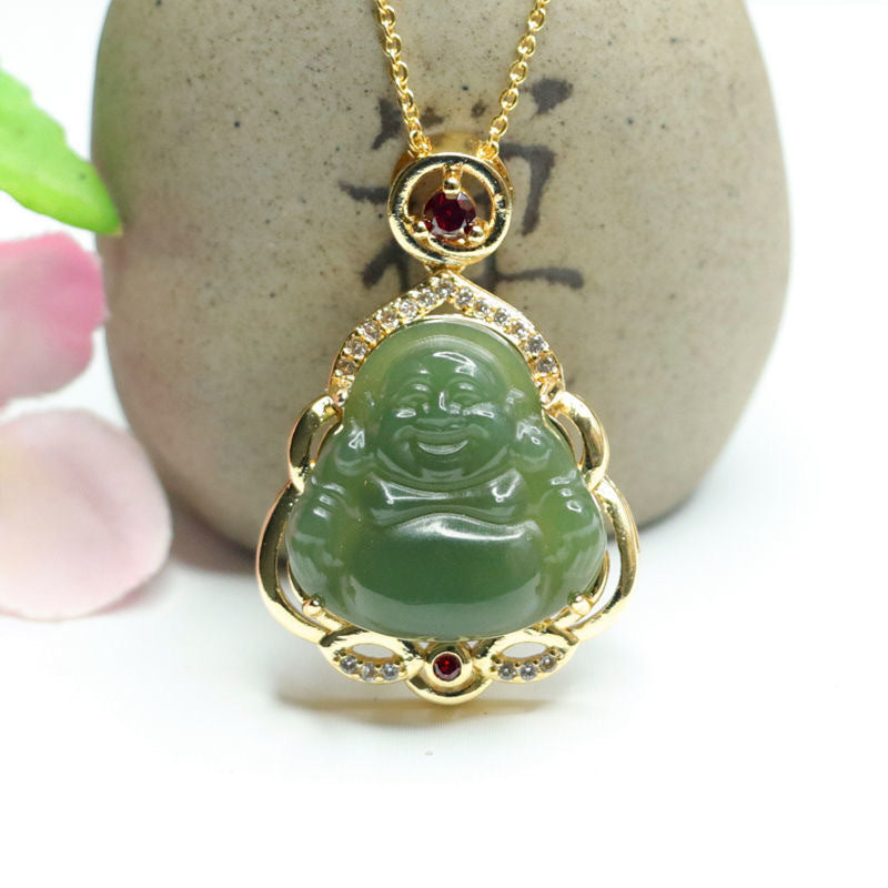 Fortune's Favor Sterling Silver Hotan Jade Maitreya Buddha Necklace