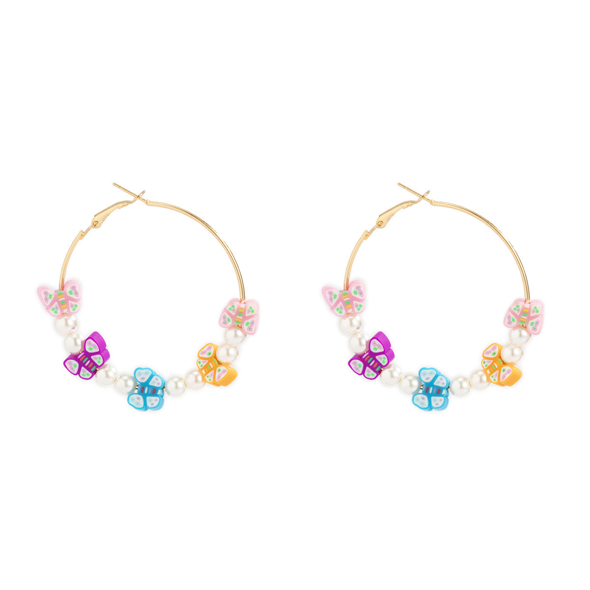 Holiday Style Butterfly Earrings with Imitation Pearls and Soft Clay Flowers