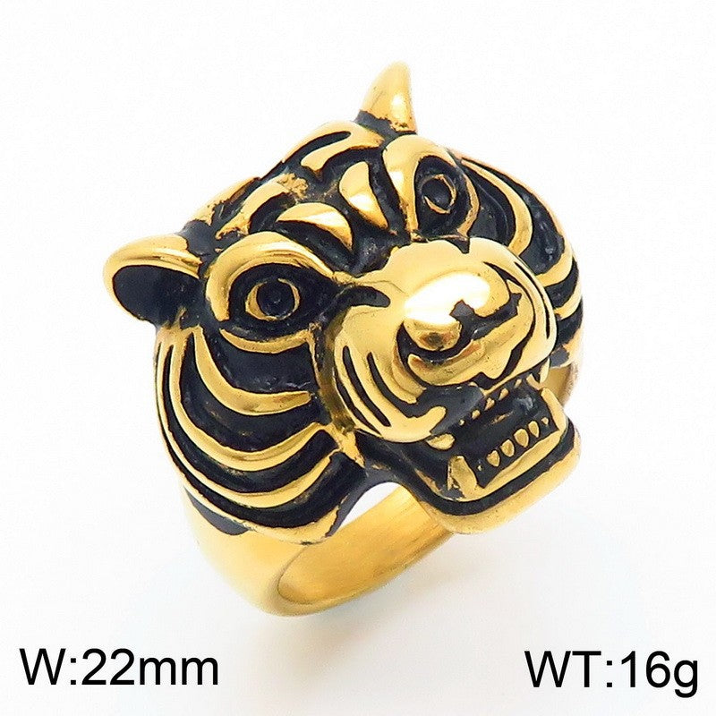 Zodiac Power Men's Ring: Retro Stainless Steel Animal Head Design Featuring Tiger, Wolf, and Sheep