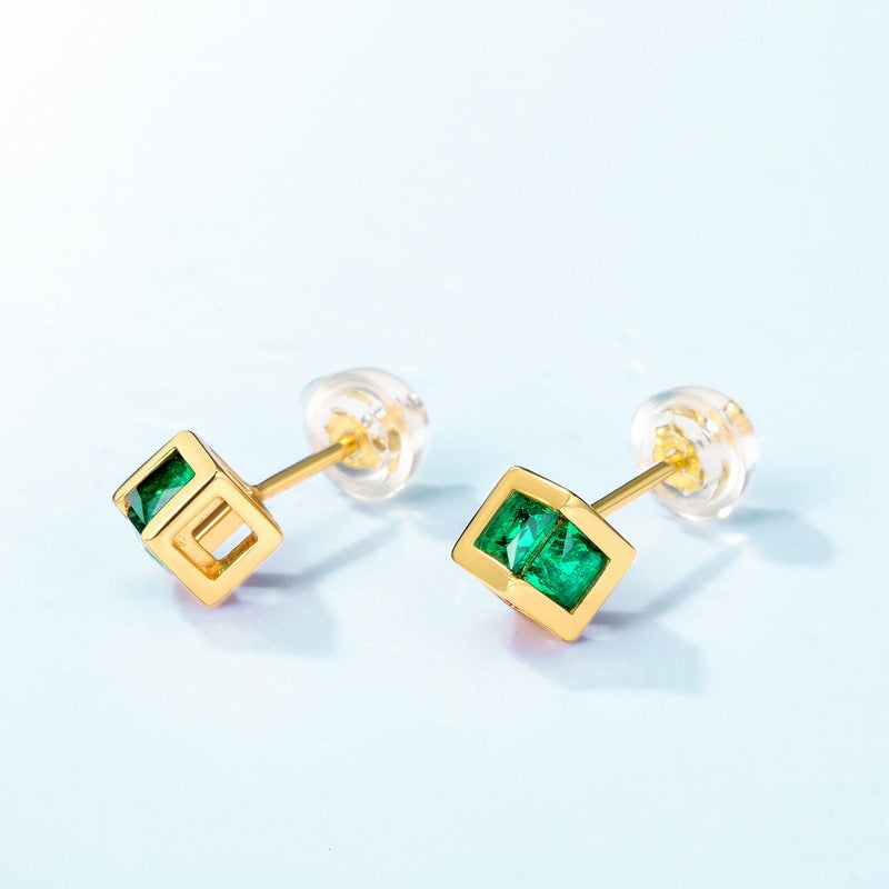 Green Zircon Hollow Cube Sterling Silver Stud Earrings