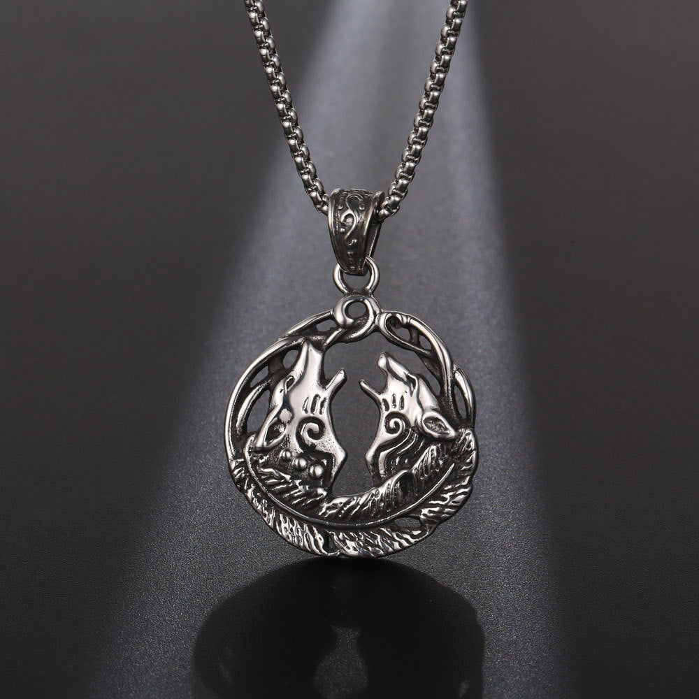 Custom Retro Twin Wolf Pendant Necklace in Vintage Titanium Steel for Men