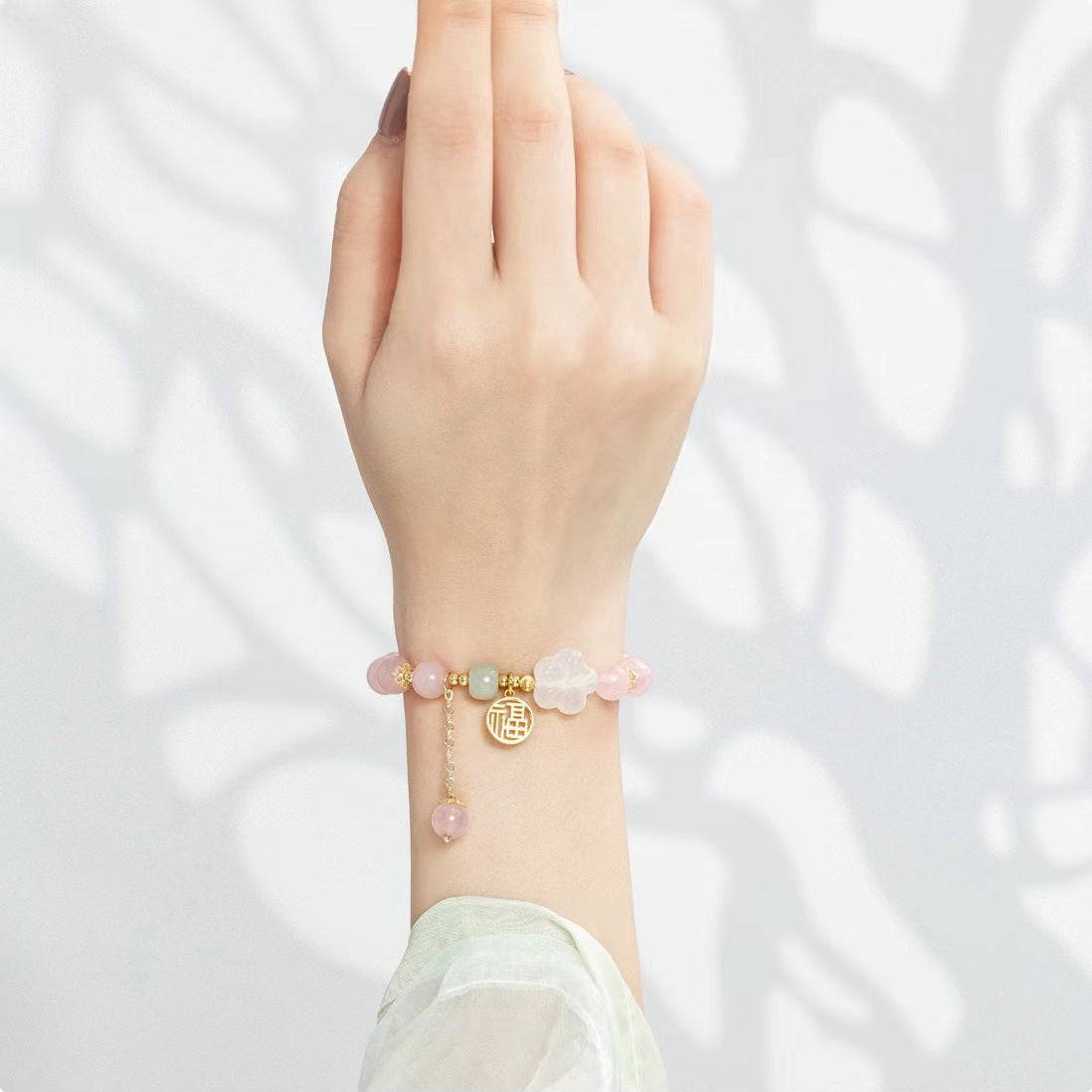 Lucky Charm Sterling Silver Bracelet with Natural Pink Crystal, White Agate, and Hotan Jade