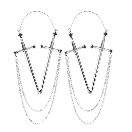 Extravagant Sword Tassel Long Earrings with V-Shaped Sweet and Cool Metal Design