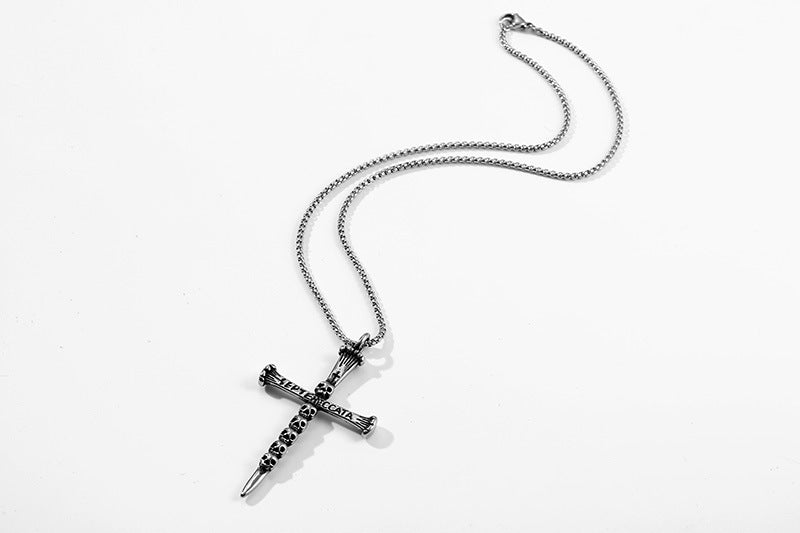 Titanium Steel Ghost Head Sword Cross Pendant Necklace for Men