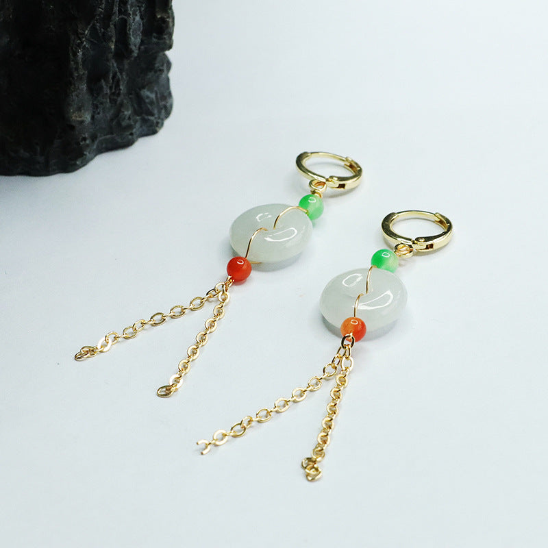 Jade Fortune's Favor Sterling Silver Earrings with Golden Tassel Hangers