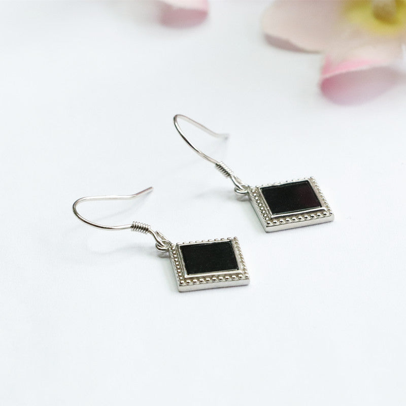 Blackish Green Jade Square Earrings with S925 Silver Ear Hooks