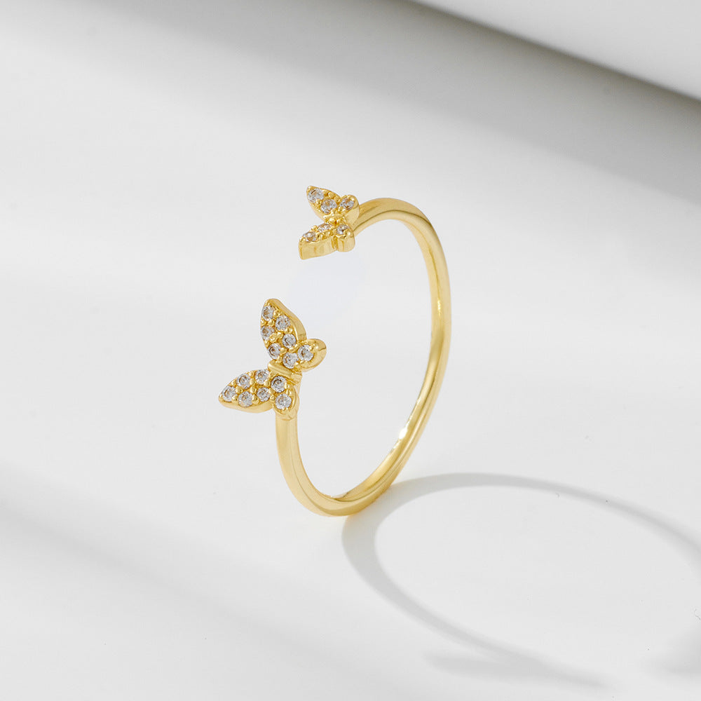 Two Zircon Butterflies Opening Silver Ring