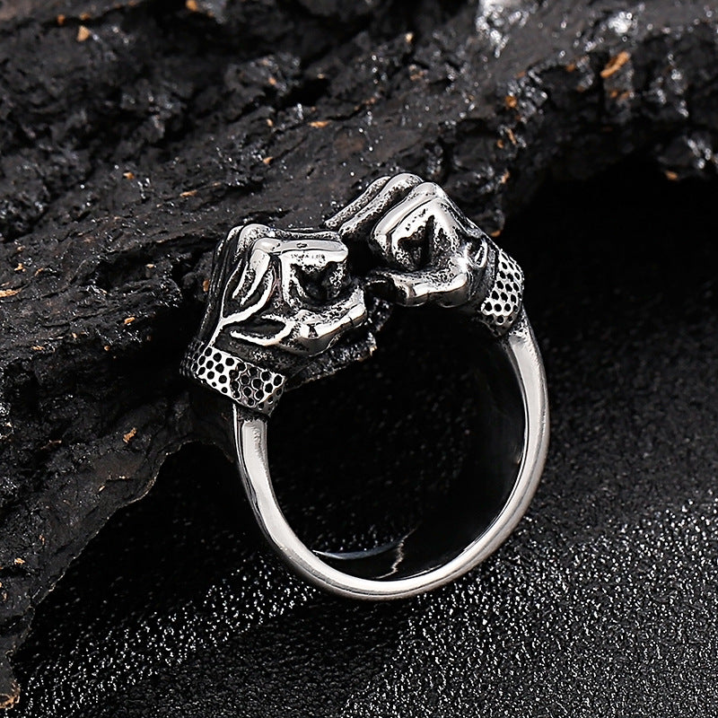 Retro-Inspired Titanium Steel Men's Ring - European and American Hip-Hop Style Double Fist Jewelry