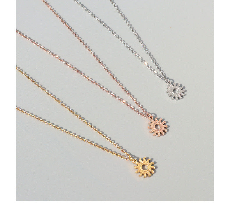 Retro Small Sun Pendant Necklace with Titanium Clavicle Chain