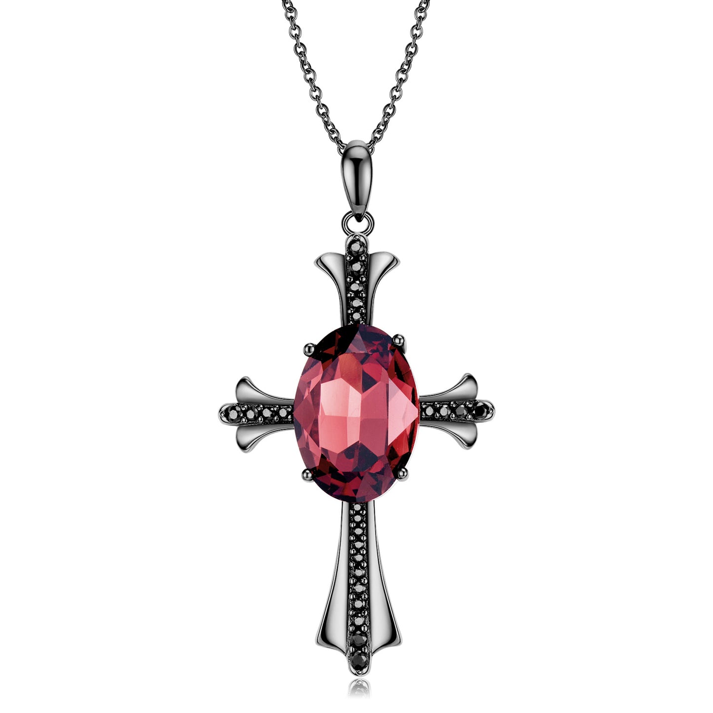 Black Cross Oval Red Zircon Silver Pendant