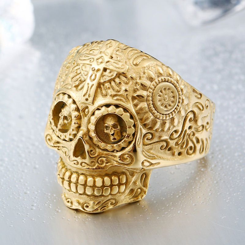 Retro Titanium Steel Electroplated All-Gold Cross Skull Ring for Men - Personalized Engraved Wholesale