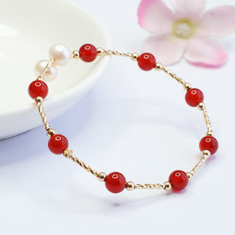 Red Agate and Pearl Sterling Silver Bracelet