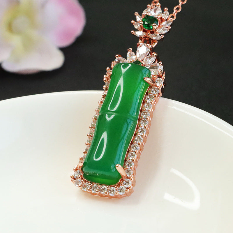 Jade Chalcedony Bamboo Zircon Rose Gold Fortune Pendant