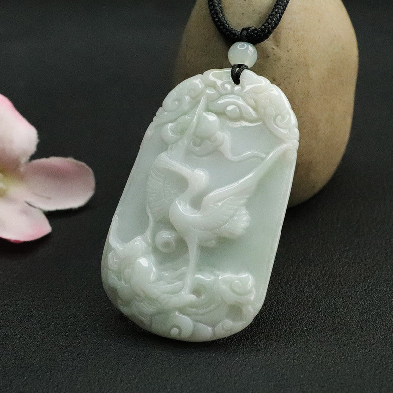 Jade Red-Crowned Crane Pendant with Auspicious Cloud Carving