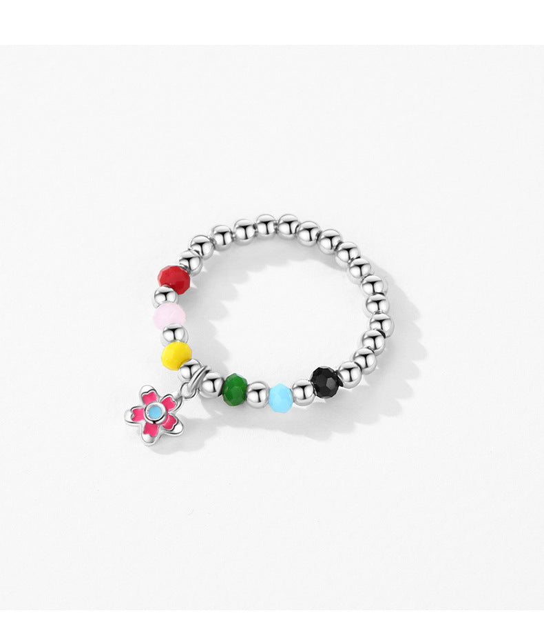 Sterling Silver Adjustable Flower Ring with Colored Beads