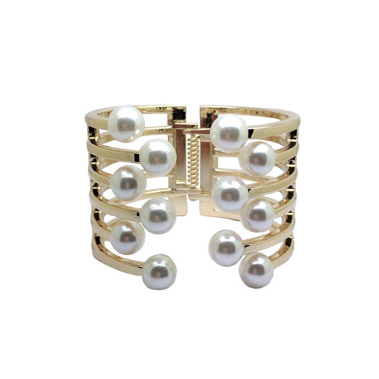 Pearl Edge Wide Women's Bracelet with Gold-plated Metal Accents