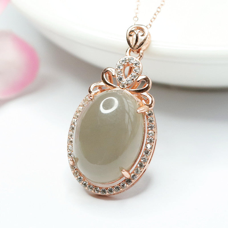 Sterling Silver Necklace with Hotan Jade and Zircon Gemstone