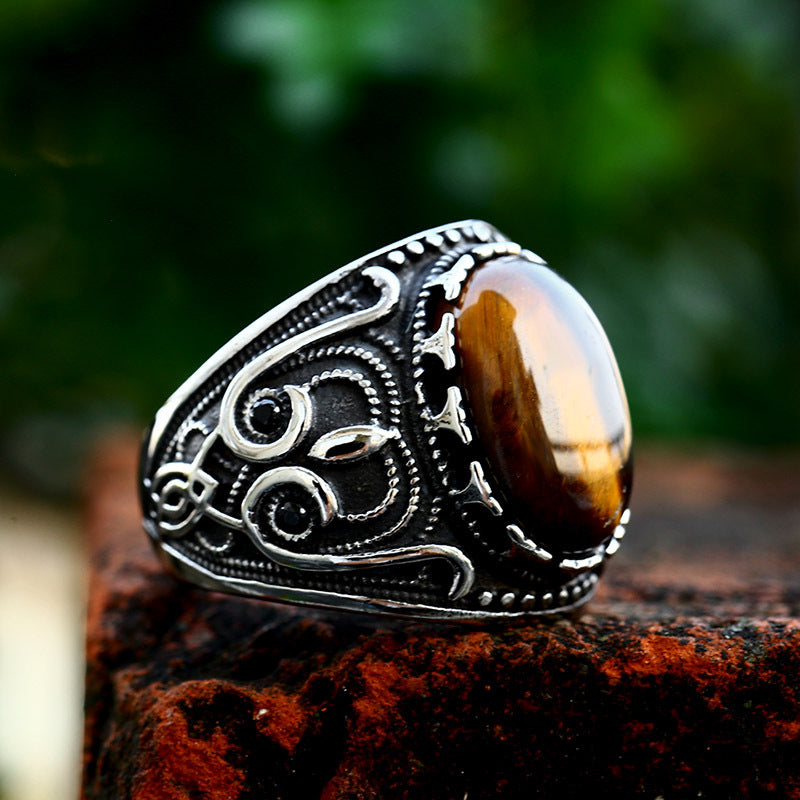 Retro Titanium Steel Tiger's Eye Inlaid Ring for Men - Hot Sale Cross-Border Wholesale