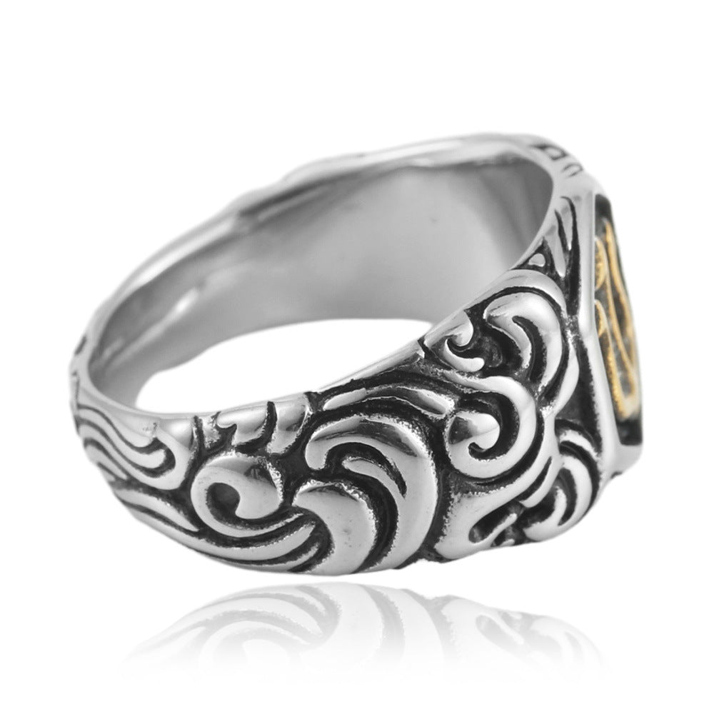 Trendy Men's Retro Titanium Steel Trident Ring - European and American Style