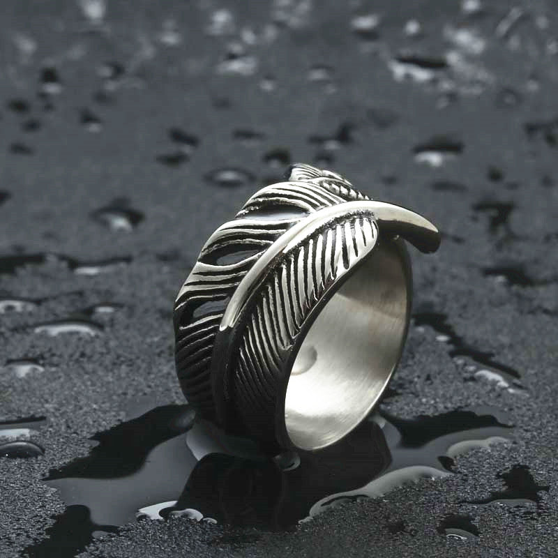 Titanium Steel Feather Ring for Men - Retro Punk Wing Design by Planderful