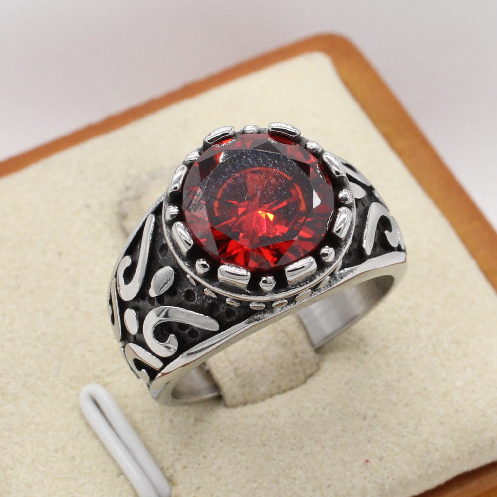 Personalized Retro Titanium Steel Ring for Men with Gemstone - Wholesale European and American Jewelry