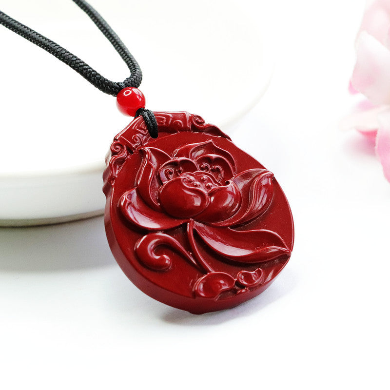 Cinnabar Pendant with Purple Sand Lotus Carving, Sterling Silver Jewelry