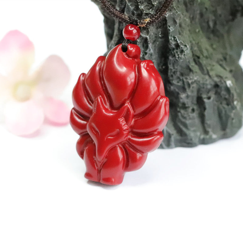 Nine Tailed Fox Sterling Silver Pendant with Cinnabar Stone